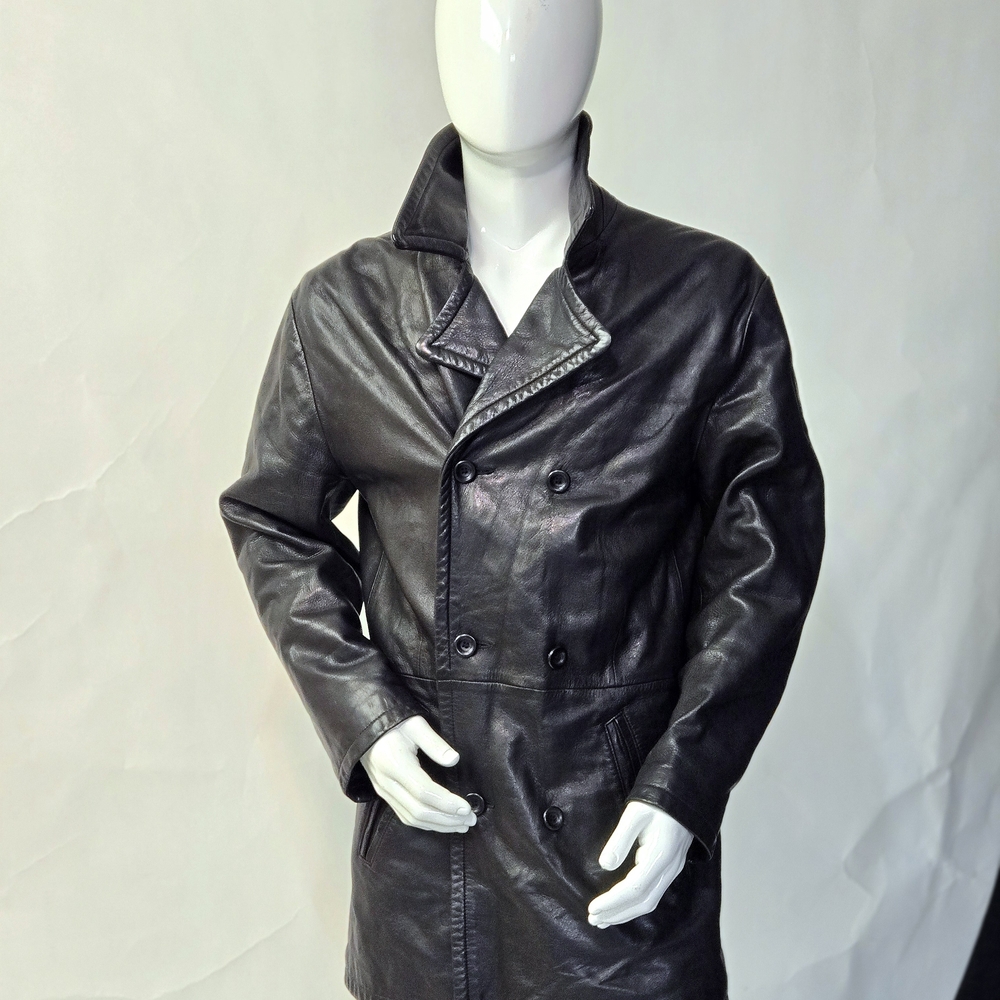 Vintage Bergdorf Goodman Men's Black Leather Double-Breasted Peacoat Jacket L